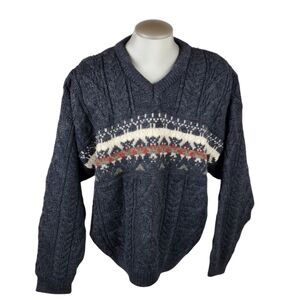 Vintage Irish 100% Wool Fisherman Vneck Pullover Sweater Charcoal Gray Large